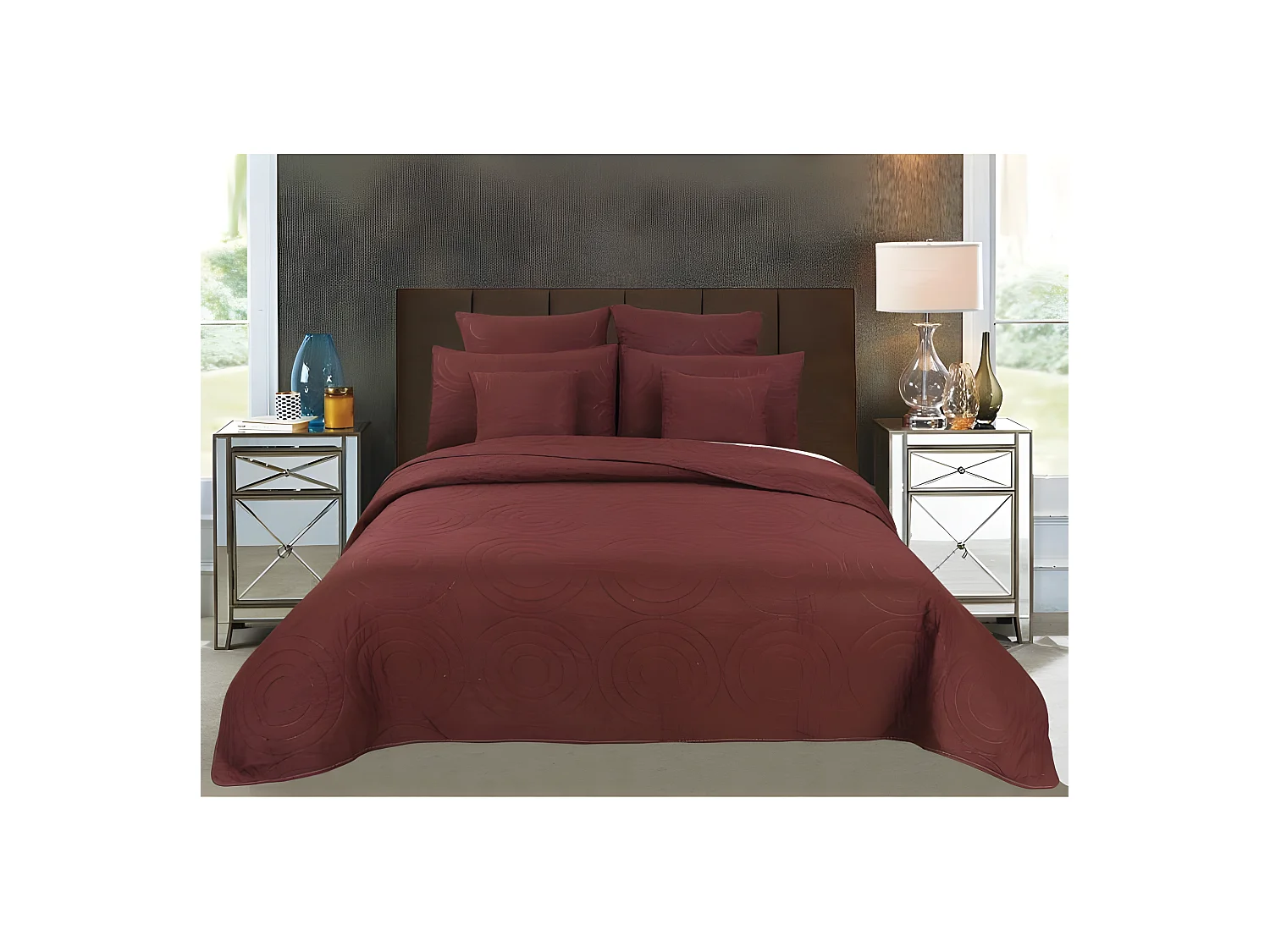 Couvre lit boutis 7 pièces uni "Piquage Circle" Choco