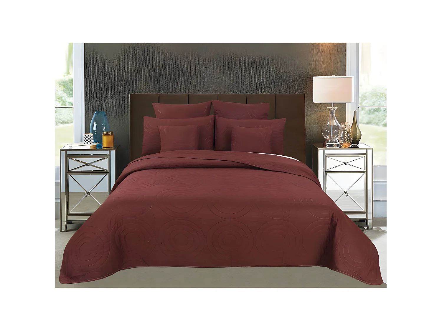 Couvre lit boutis 7 pièces uni "Piquage Circle" Choco