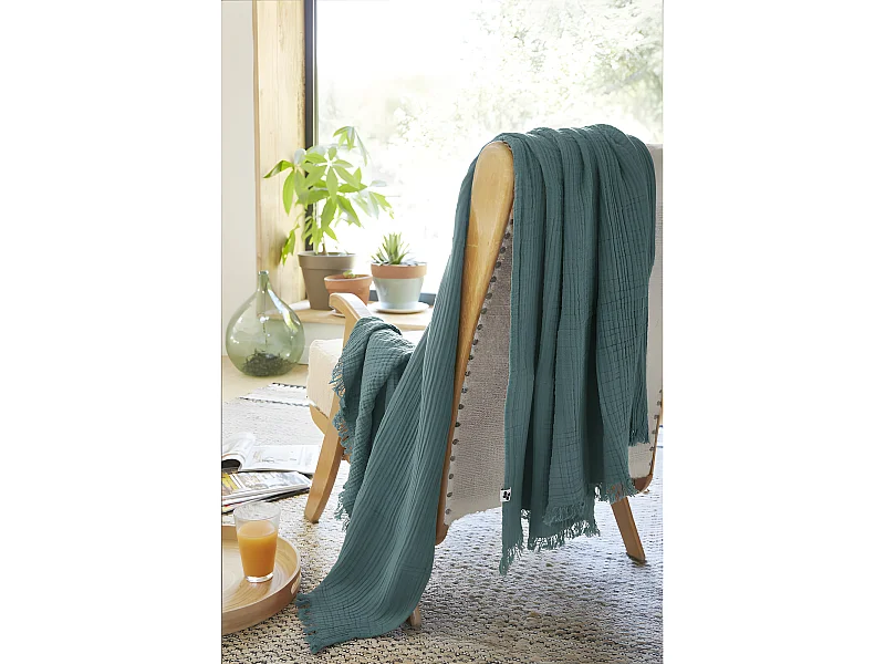 Plaid à franges "Gaïa" toutes dimensions "Gaze de Coton"