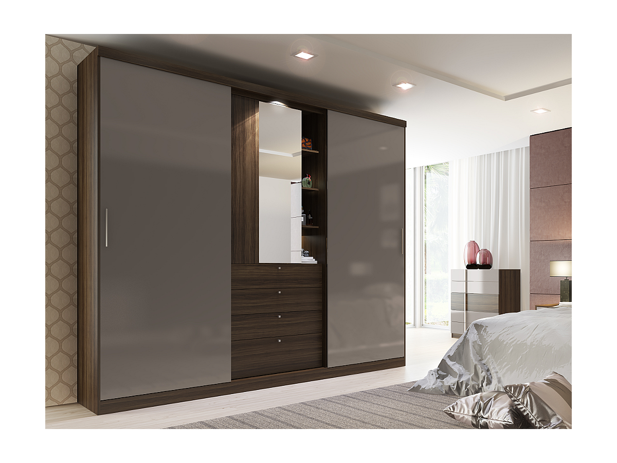 Armoire BODIL marron portes coulissantes Miroir tiroirs