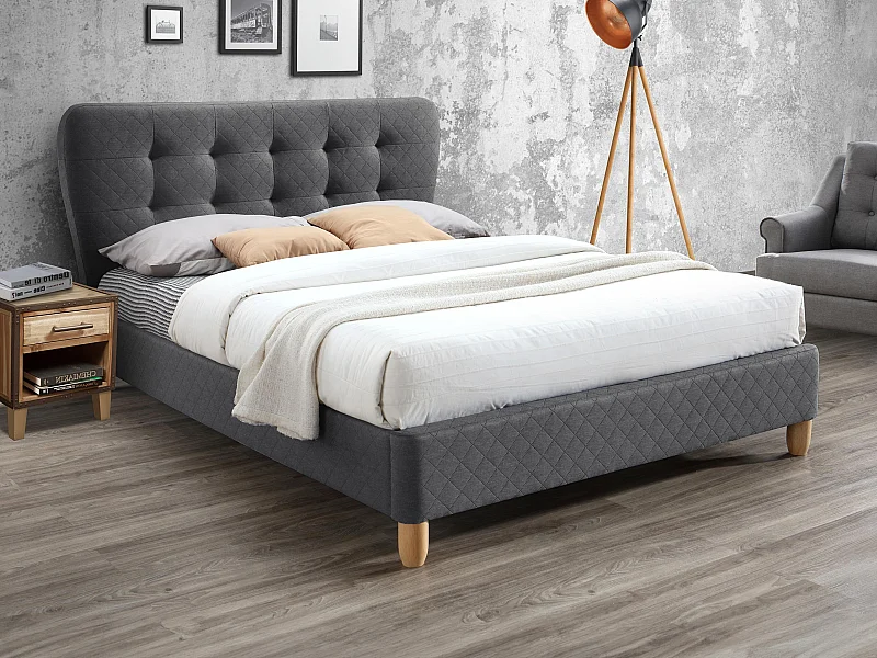 Cama ELIDE cabeceira de cama de estilo capitoné - Tecido cinza - 140 x 190 cm