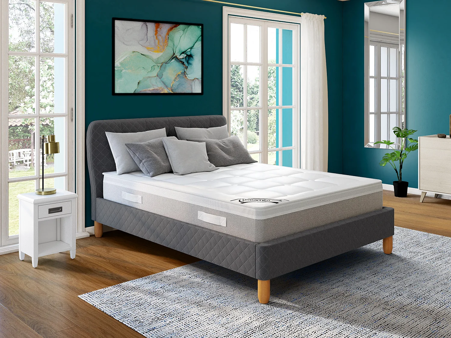 Letto matrimoniale alla francese 140 x 190 cm - con testiera capitonné - Tessuto - Grigio - ELIDE