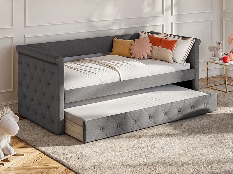 Lit banquette gigogne capitonné LOUISE - 2x90x190cm - tissu gris