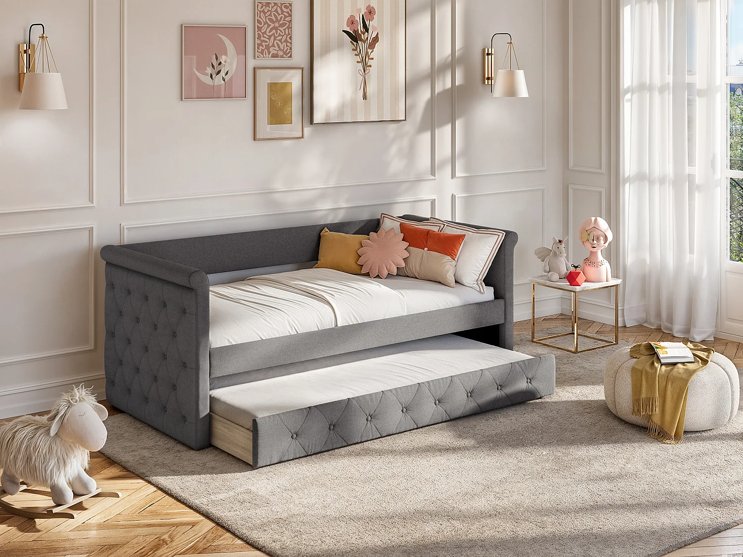 Lit banquette gigogne capitonné LOUISE - 2x90x190cm - tissu gris