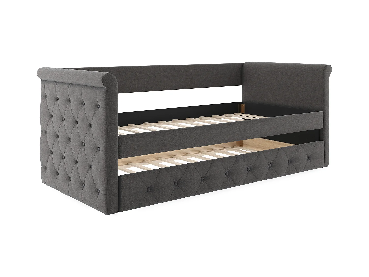 Lit banquette gigogne capitonné LOUISE - 2x90x190cm - tissu gris