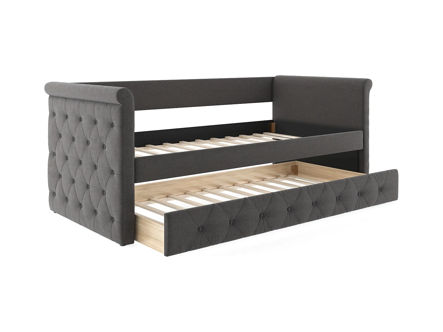 Lit banquette gigogne capitonné LOUISE - 2x90x190cm - tissu gris
