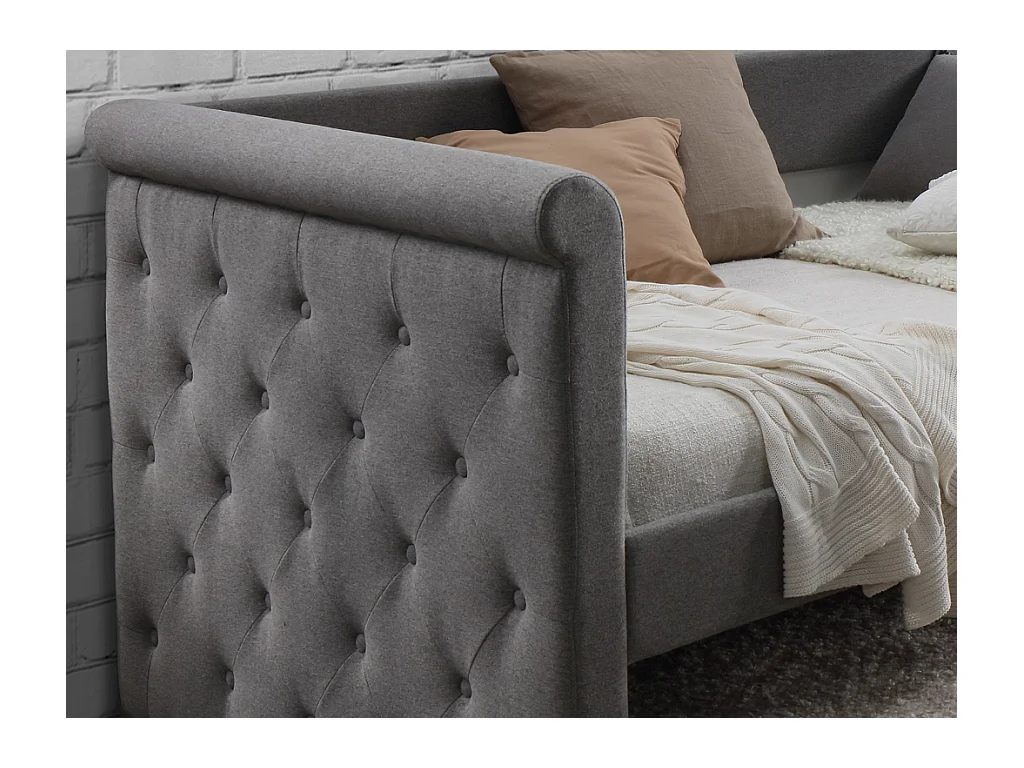 Lit banquette gigogne capitonné LOUISE - 2x90x190cm - tissu gris