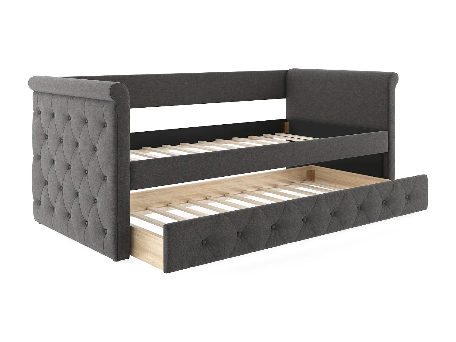 Letto singolo con letto estraibile capitonné 2 x 90 x 190 cm in tessuto grigio - LOUISE