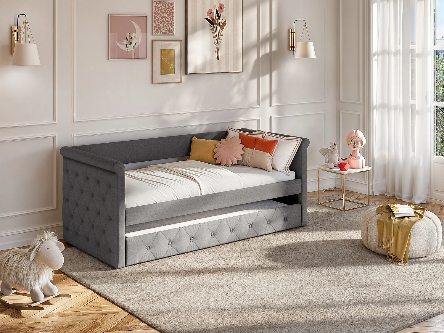 Letto singolo con letto estraibile capitonné 2 x 90 x 190 cm in tessuto grigio - LOUISE