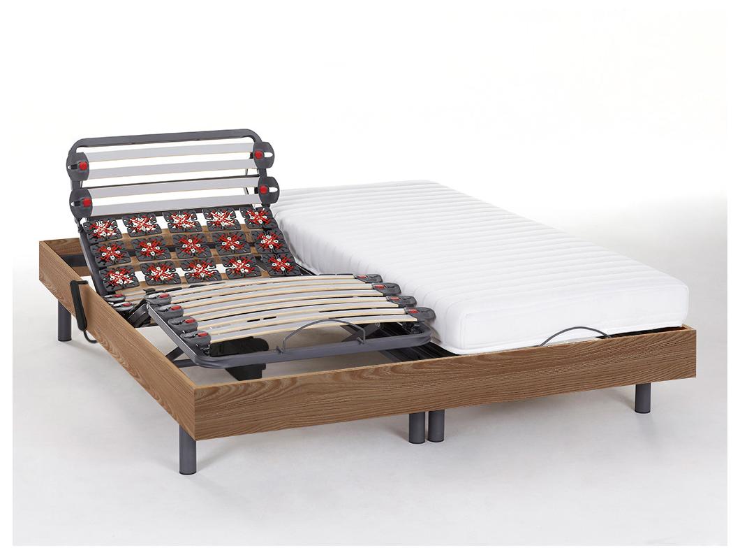 Lit électrique de relaxation lattes et plots + matelas accueil latex - 2 x 80 x 200 cm - Chêne - PANDORA II de DREAMEA