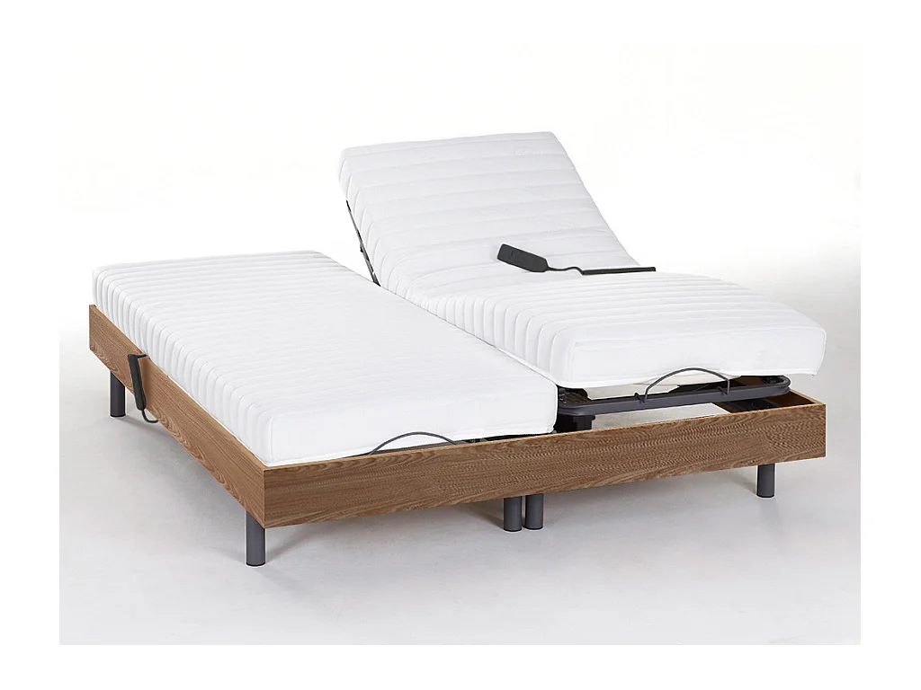 Lit électrique de relaxation lattes et plots + matelas accueil latex - 2 x 90 x 200 cm - Chêne - PANDORA II de YSMÉE