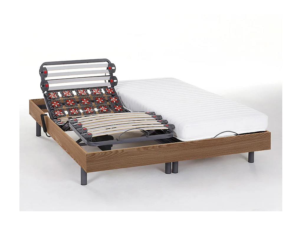 Lit électrique de relaxation lattes et plots + matelas accueil latex - 2 x 90 x 200 cm - Chêne - PANDORA II de YSMÉE