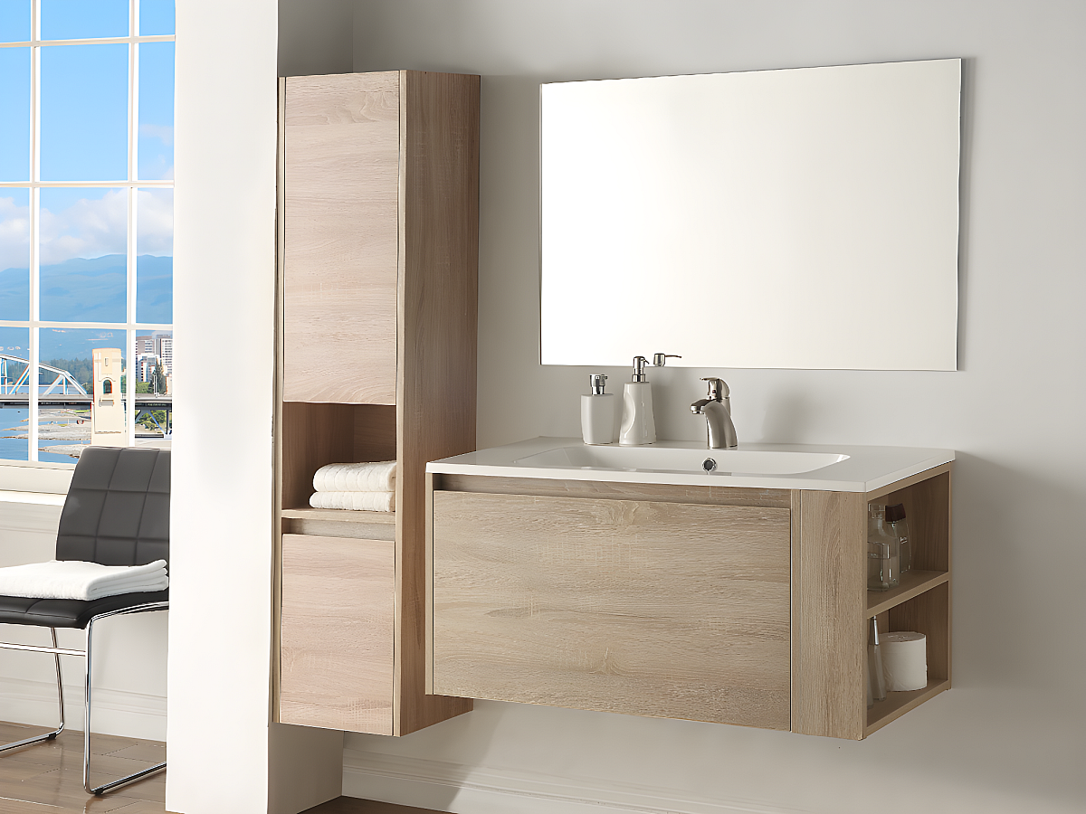 Mueble baño bajo lavabo + columna - BEHATI - Efecto madera