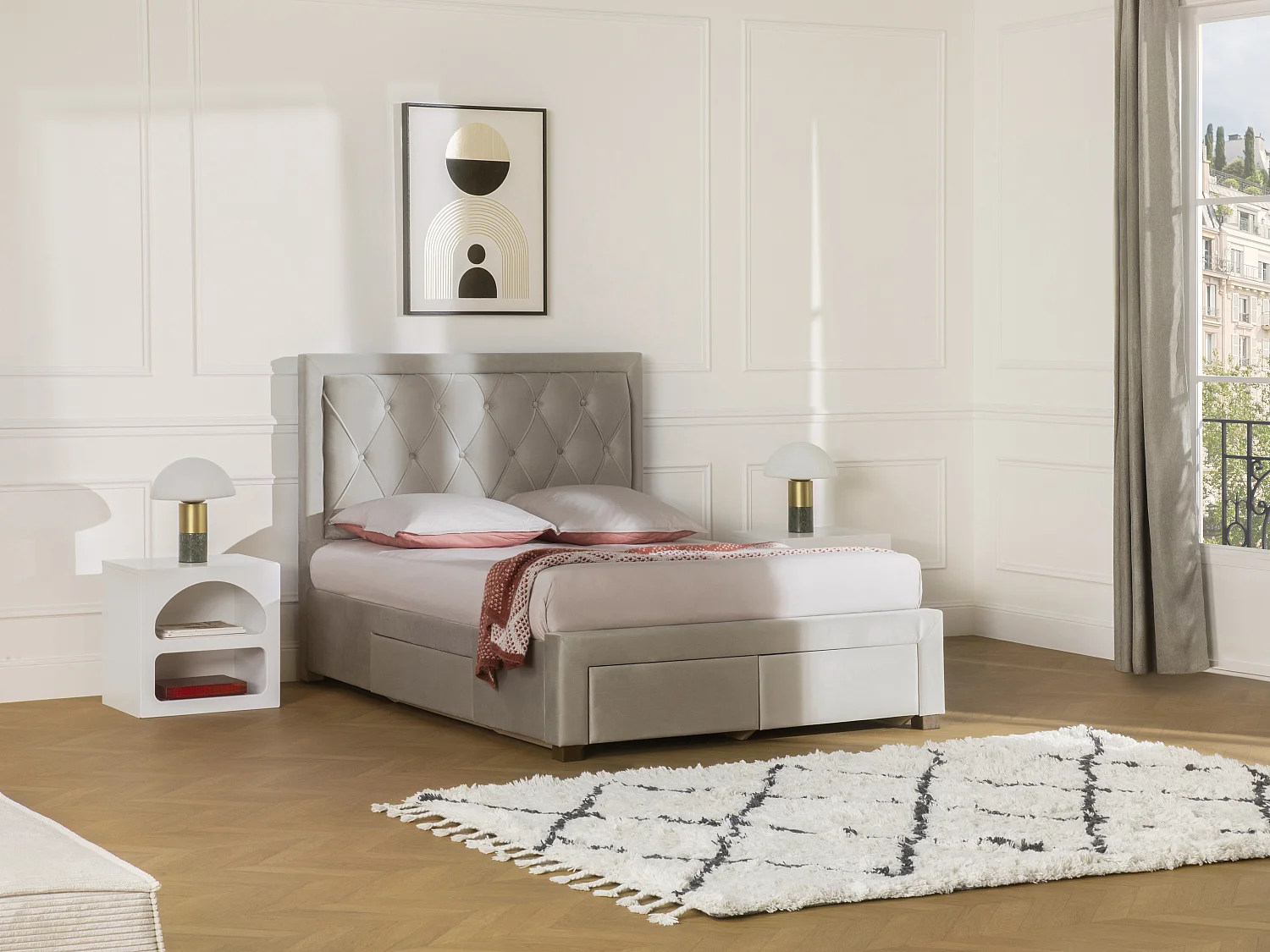 Tweepersoonsbed met lades en opbergruimte - beige velours - 160 x 200 cm - LEOPOLD