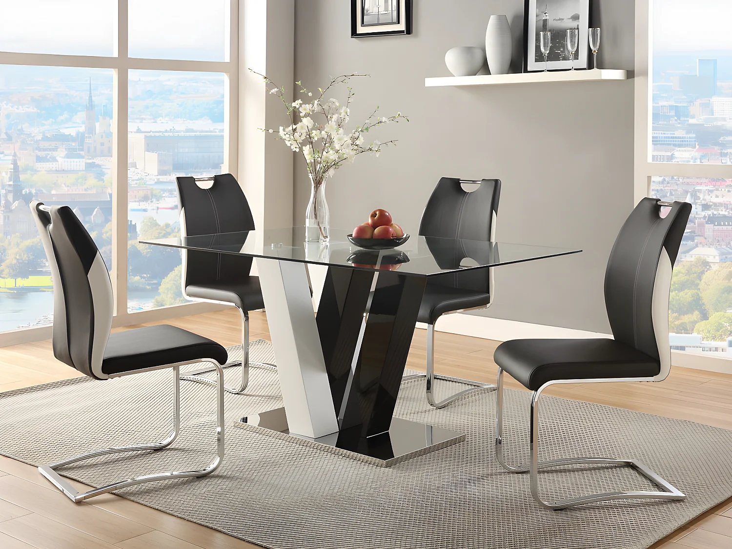 Table à manger WINCH  - 6 personnes - MDF & Verre trempé - Noir & blanc
