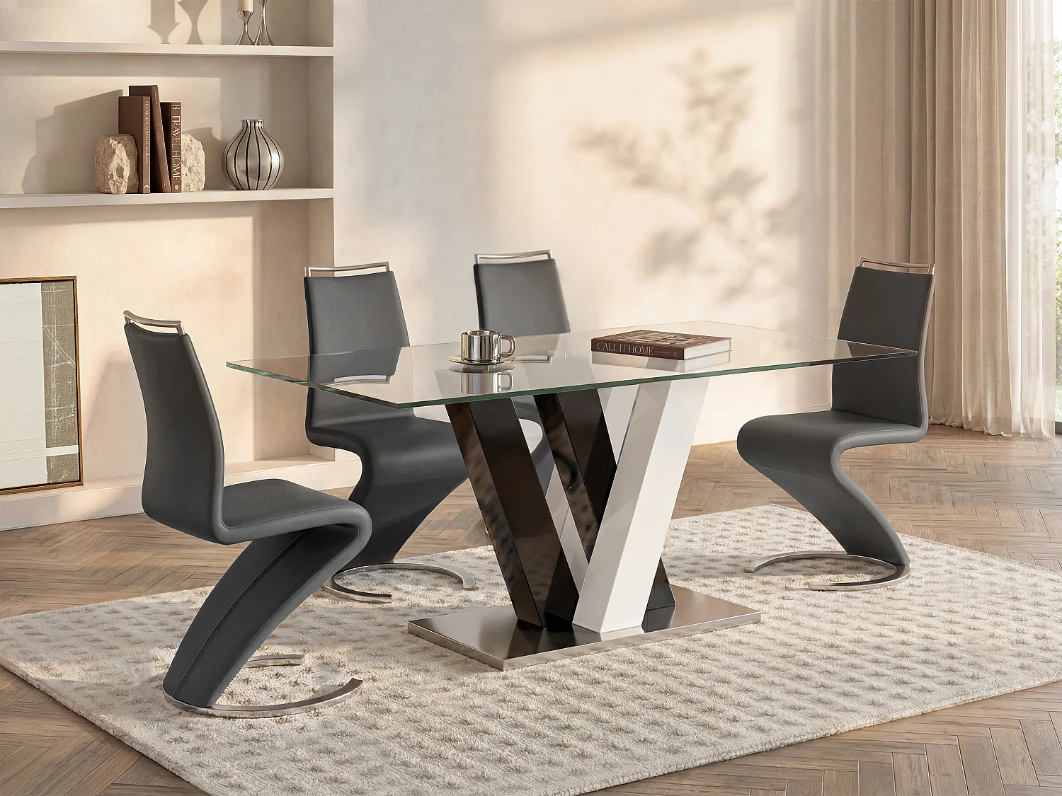 Table à manger WINCH  - 6 personnes - MDF & Verre trempé - Noir & blanc