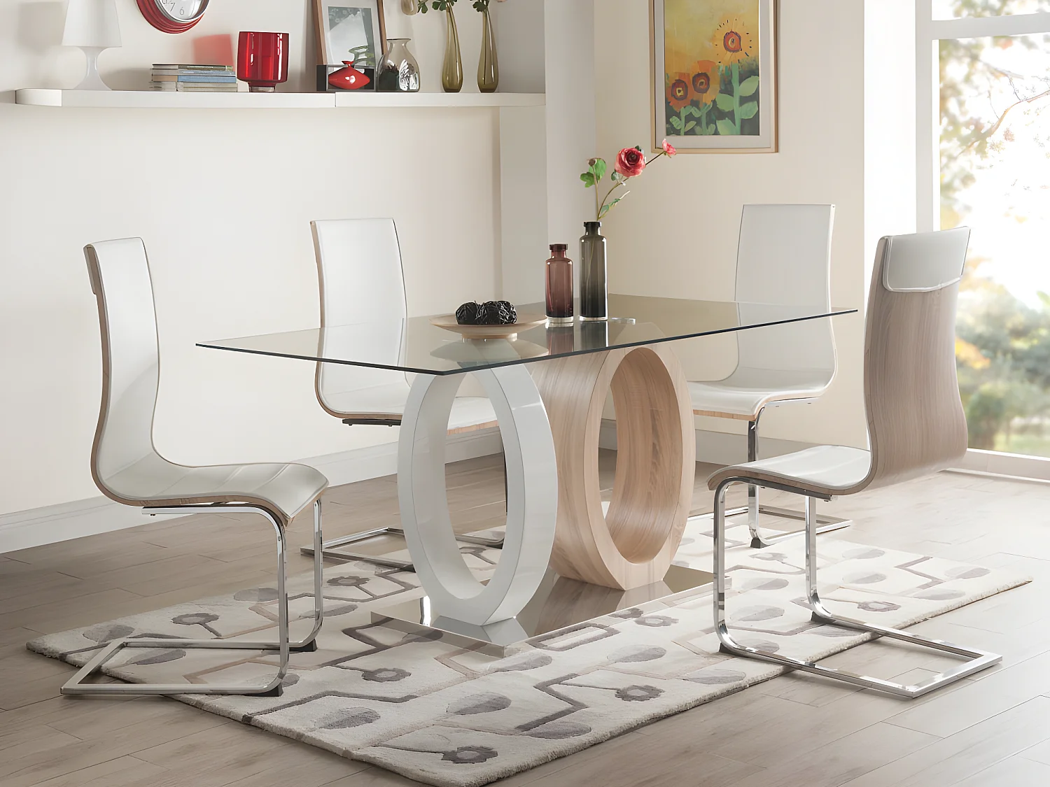 Table à manger AYANE - 6 personnes - Verre trempé et MDF - Chêne & Blanc