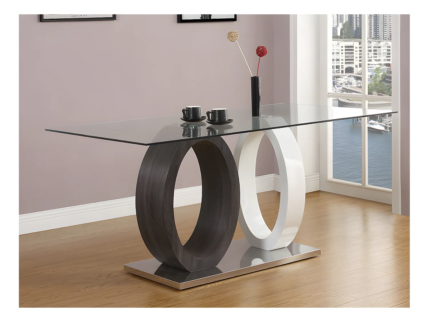 Esstisch - 6 Personen - Glas & MDF - Eichefarben & Weiß - AYANE