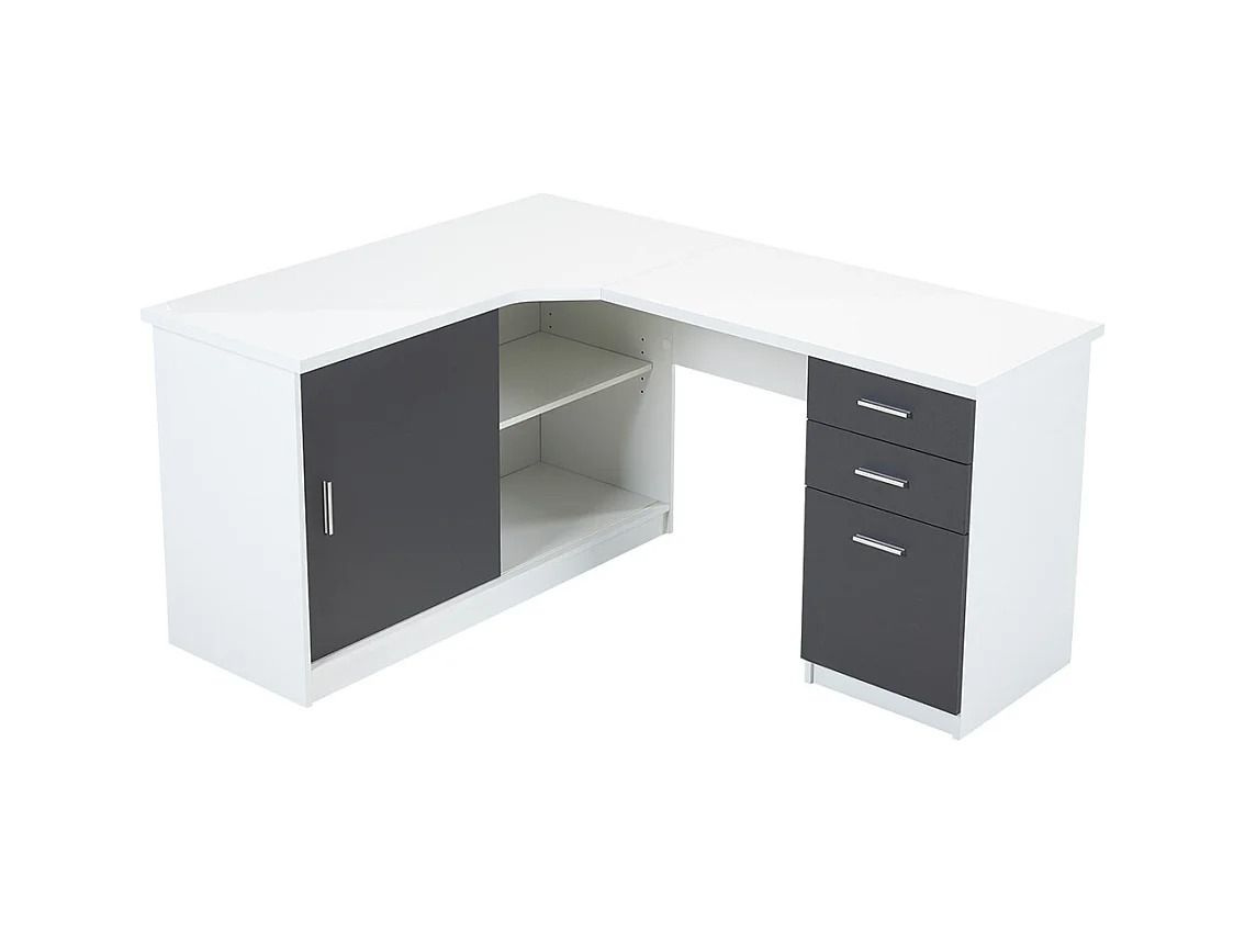 Bureau d'angle NORWY - 2 portes & 2 tiroirs - Blanc & Gris