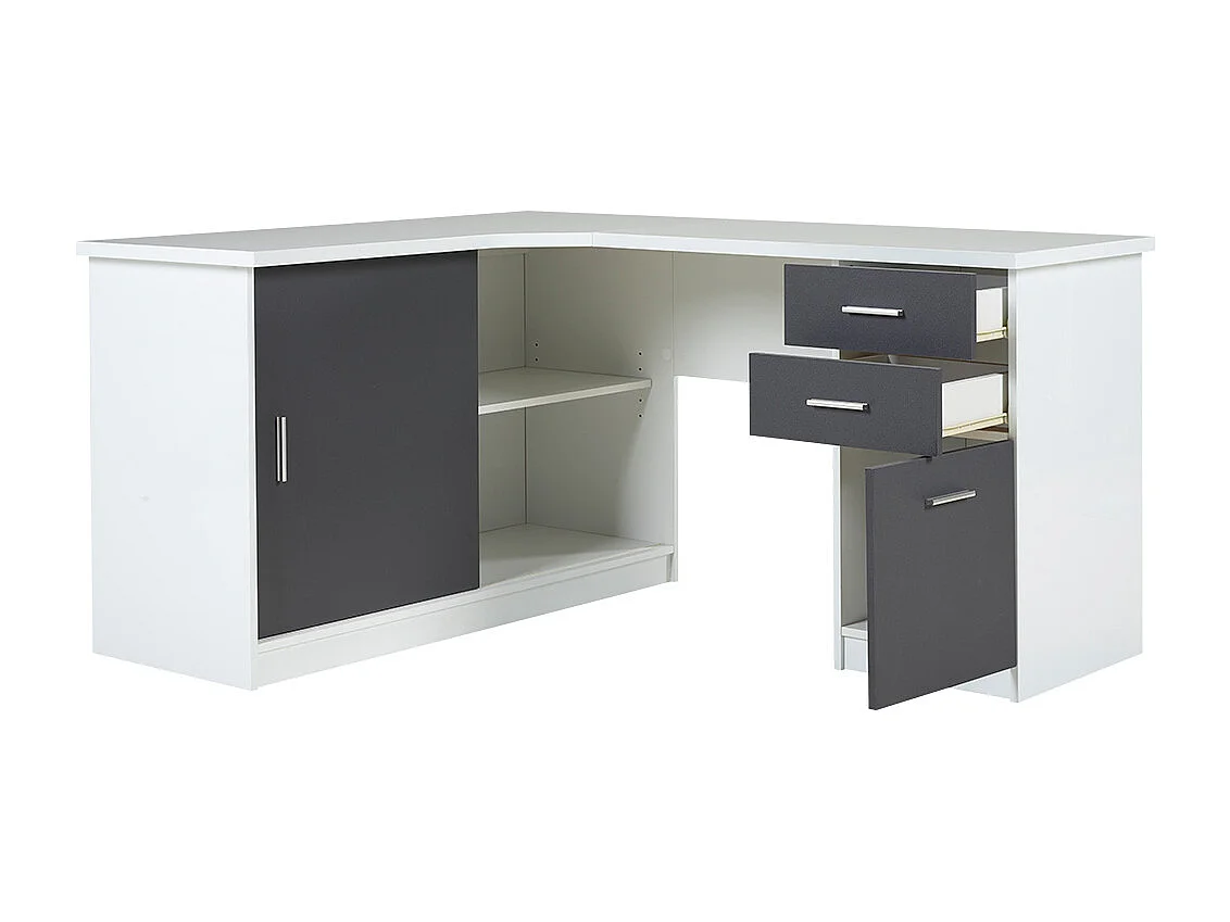 Bureau d'angle NORWY - 2 portes & 2 tiroirs - Blanc & Gris