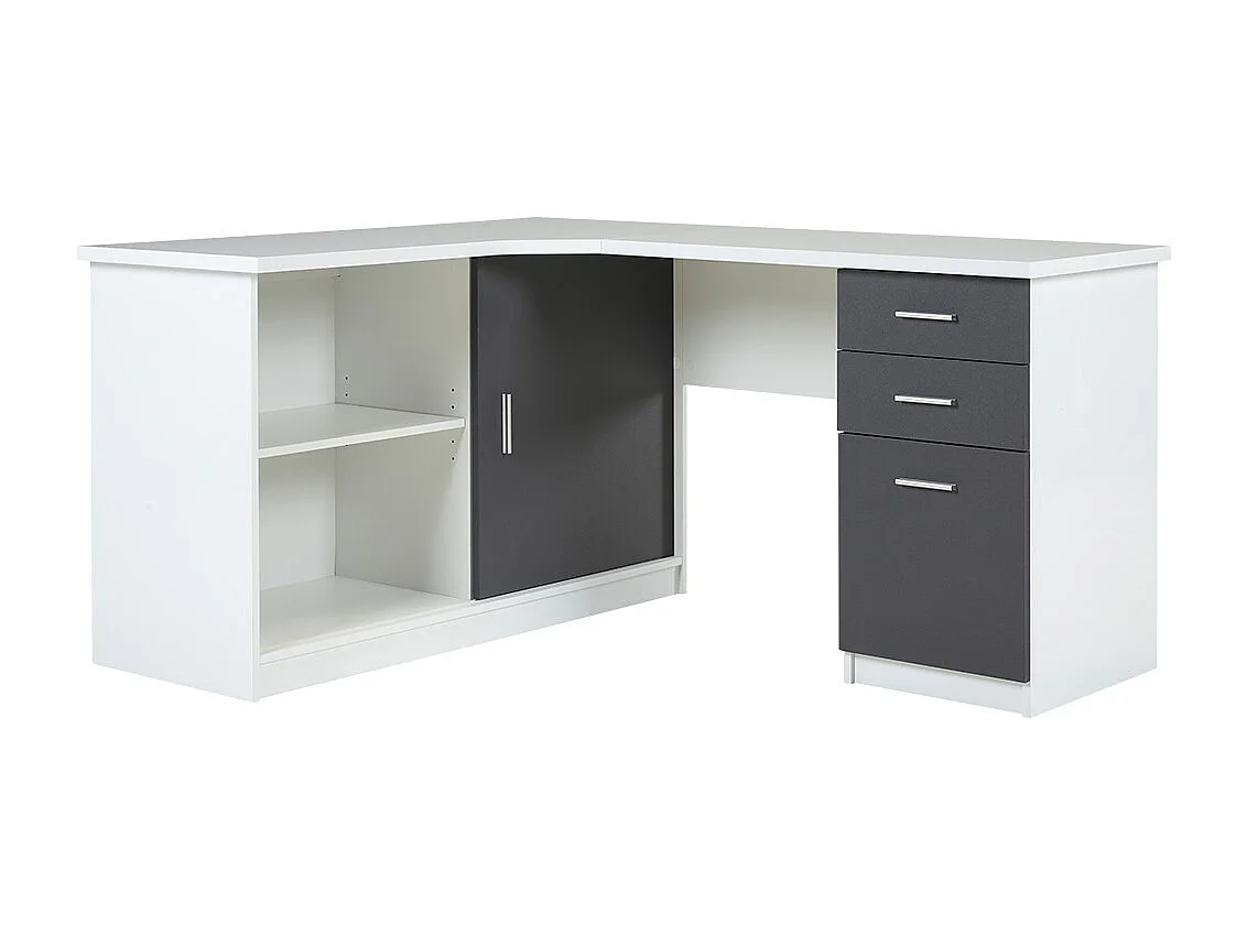 Bureau d'angle NORWY - 2 portes & 2 tiroirs - Blanc & Gris