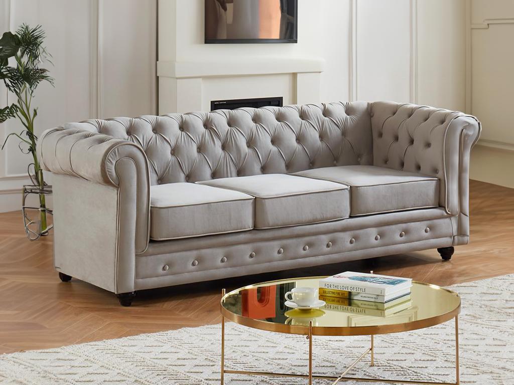 Sofa 3-Sitzer - Samt - Hellgrau - CHESTERFIELD günstig online kaufen