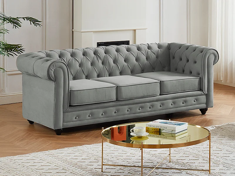 Canapé 3 places CHESTERFIELD - Velours gris clair