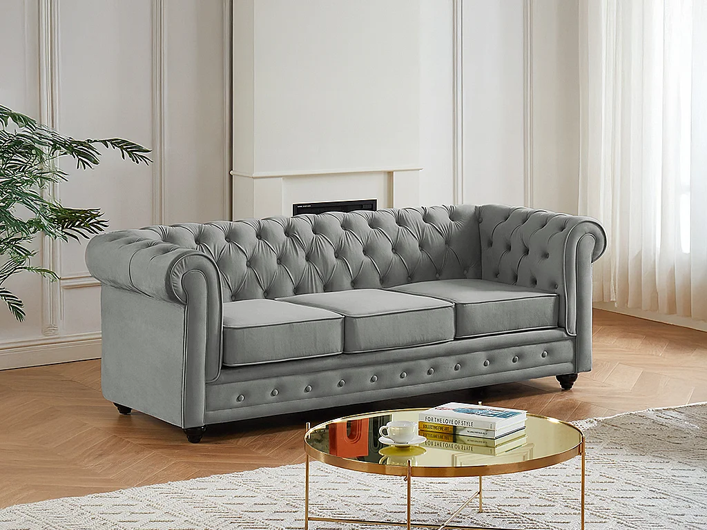 Driezitsbank CHESTERFIELD - velours - lichtgrijs