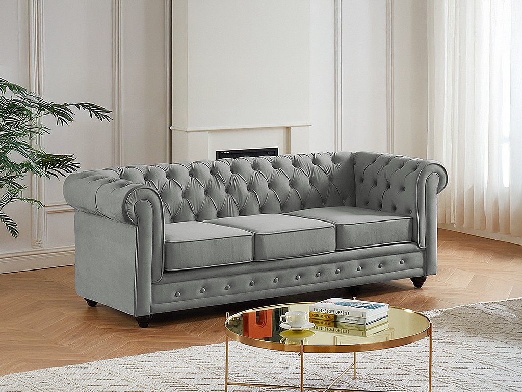 Sofa 3-Sitzer - Samt - Hellgrau - CHESTERFIELD günstig online kaufen