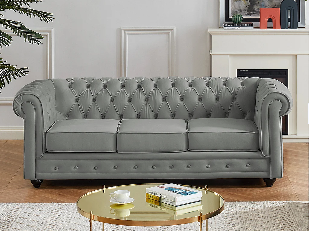 Canapé 3 places CHESTERFIELD - Velours gris clair