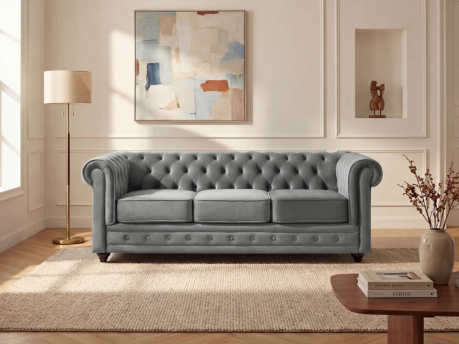 Sofá de 3 lugares CHESTERFIELD - Veludo cinzento claro