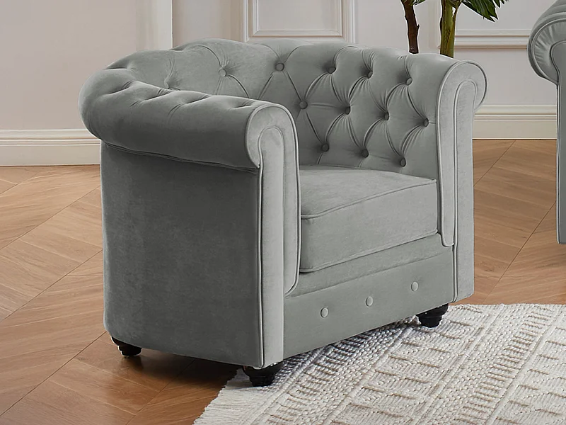Fauteuil CHESTERFIELD - Velours gris clair