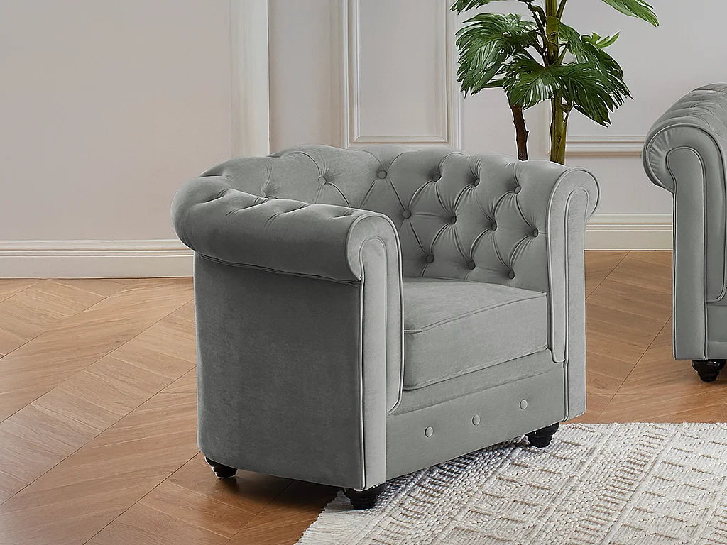Fauteuil CHESTERFIELD - Velours gris clair