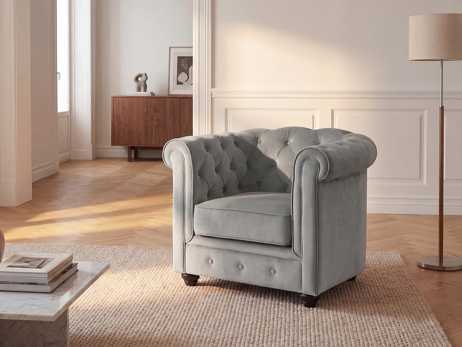 Fauteuil CHESTERFIELD - Velours gris clair