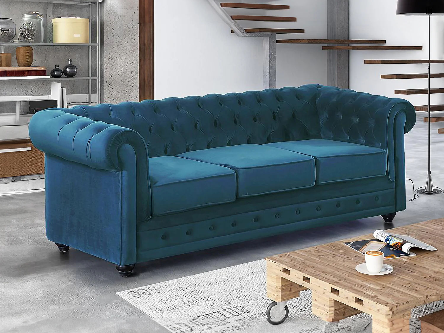 Canapé 3 places CHESTERFIELD - Velours bleu canard