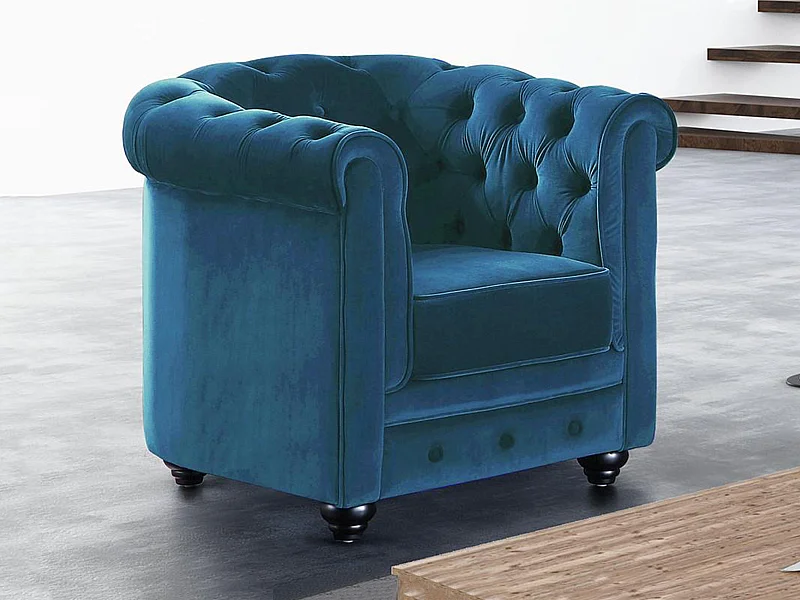 Fauteuil CHESTERFIELD - velours - groenblauw