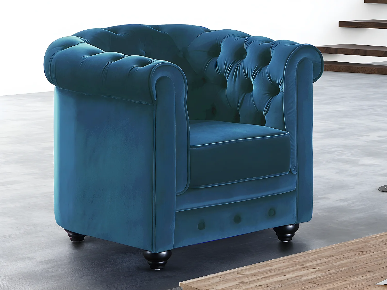 Fauteuil CHESTERFIELD - Velours bleu canard
