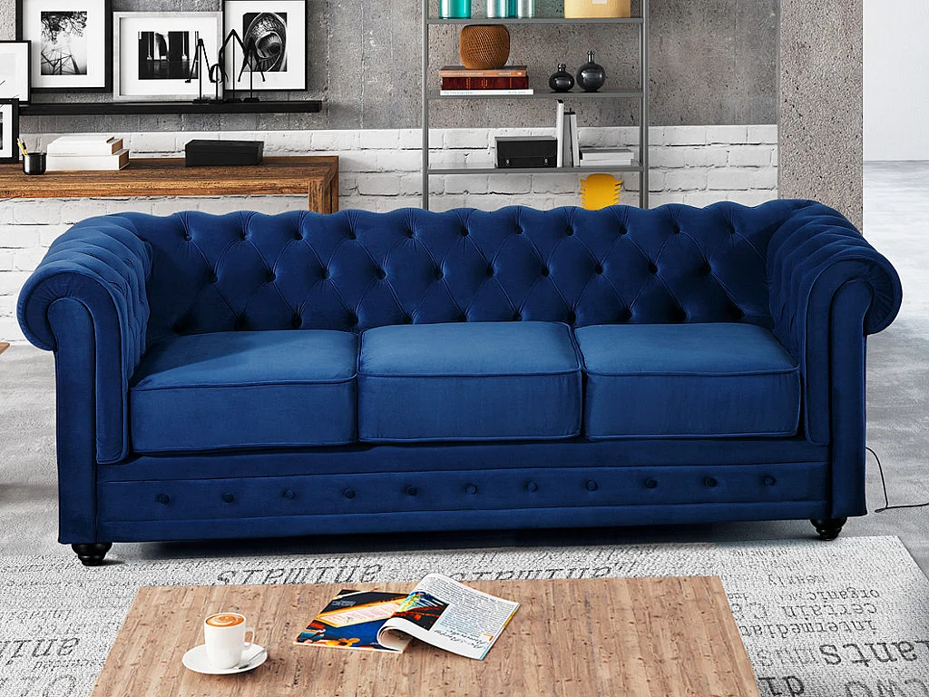 Divano CHESTERFIELD 3 posti in velluto Blu notte