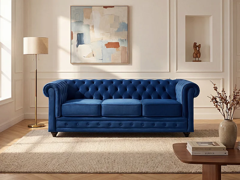 Divano CHESTERFIELD 3 posti in velluto Blu notte