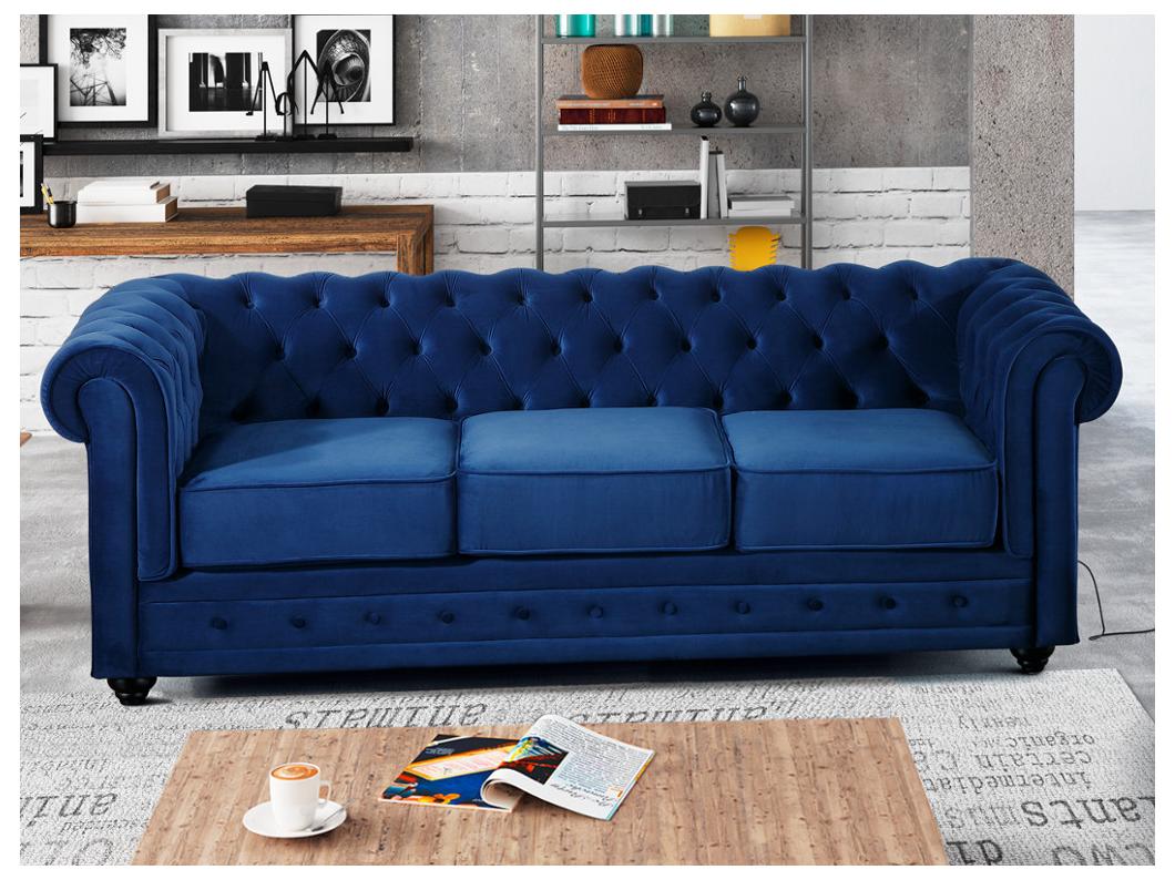 Divano CHESTERFIELD 3 posti in velluto Blu notte
