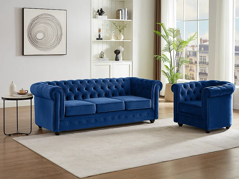 Fauteuil CHESTERFIELD - Velours bleu roi