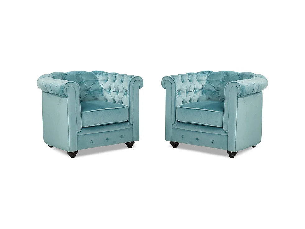 Lot de 2 Fauteuils CHESTERFIELD - Velours bleu pastel