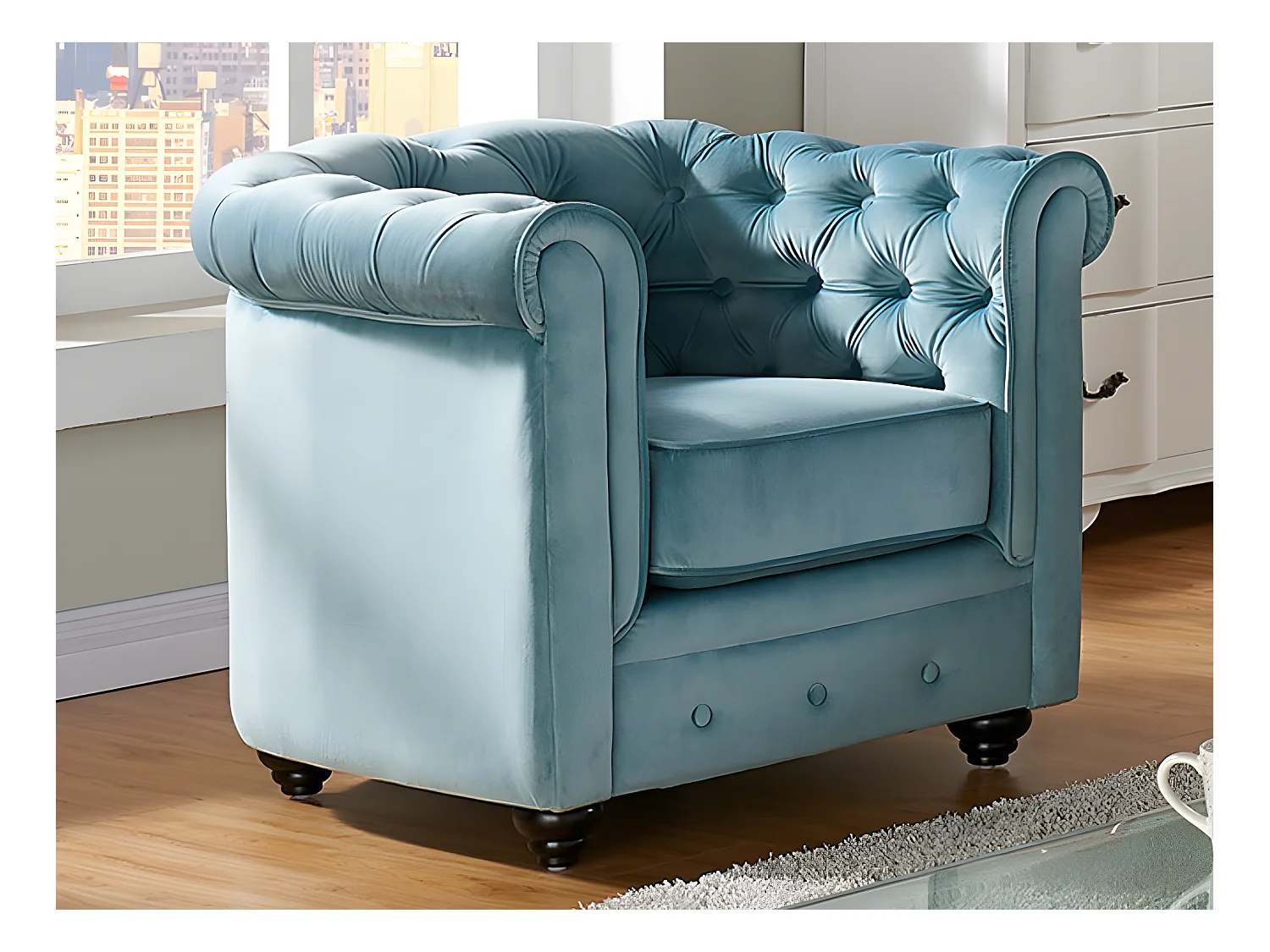Lot de 2 Fauteuils CHESTERFIELD - Velours bleu pastel