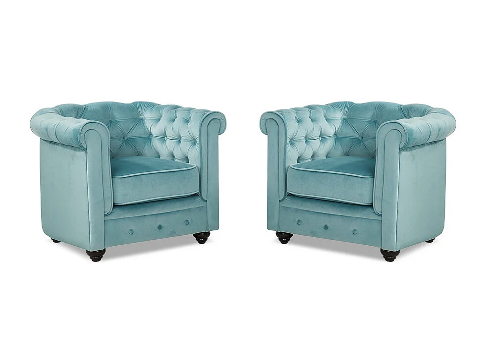 Lot de 2 Fauteuils CHESTERFIELD - Velours bleu pastel