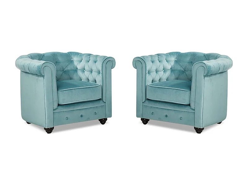 Lot de 2 Fauteuils CHESTERFIELD - Velours bleu pastel