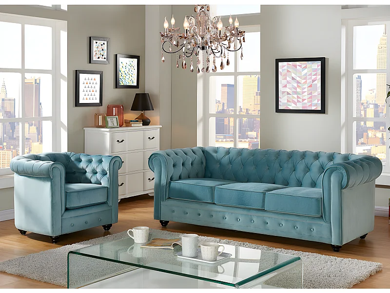 Divano CHESTERFIELD 3 posti e poltrona in velluto Azzurro pastello