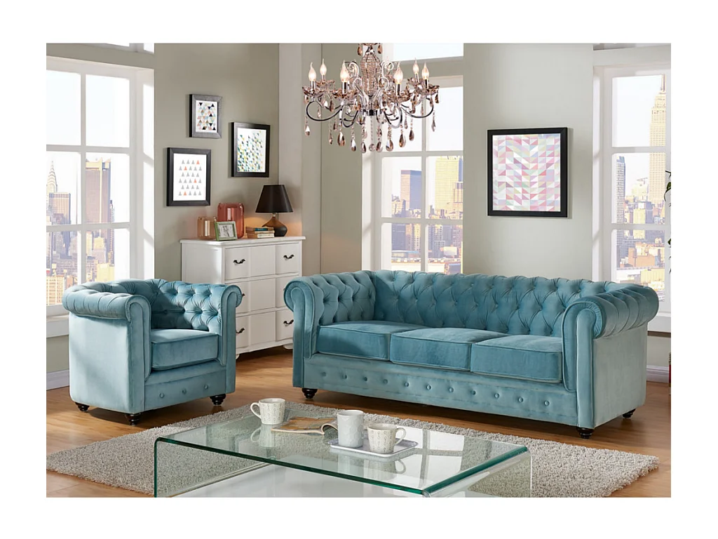 Couchgarnitur 3+1 - Samt - Hellblau - CHESTERFIELD