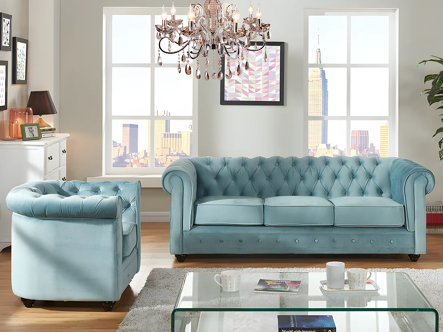 Sofá 3 plazas y sillón de terciopelo CHESTERFIELD - Azul pastel