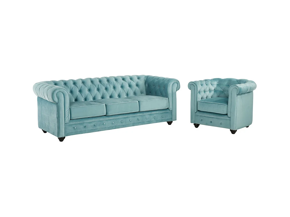 Sofá 3 plazas y sillón de terciopelo CHESTERFIELD - Azul pastel