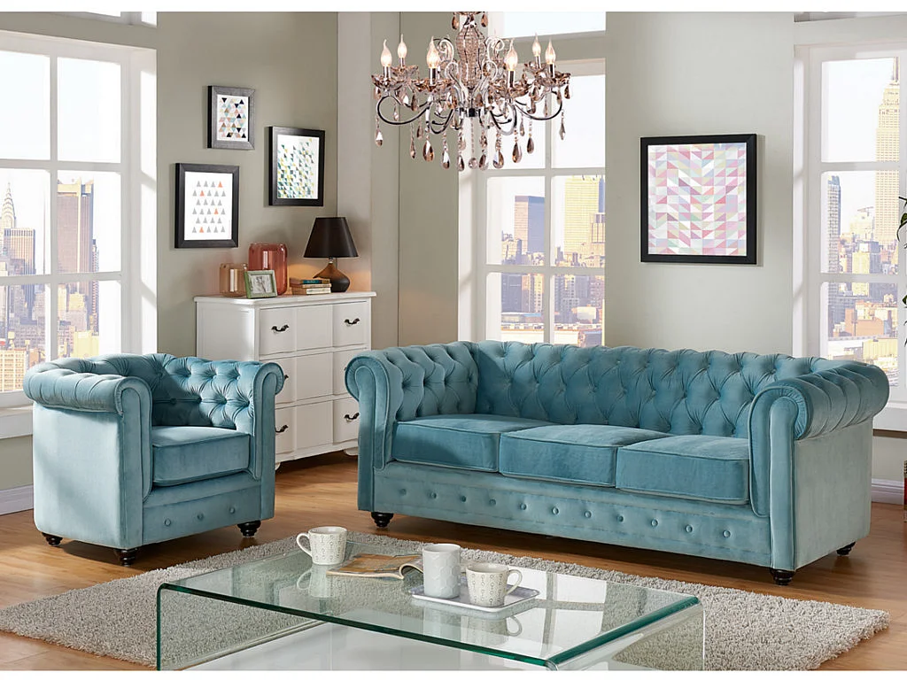 Couchgarnitur 3+1 - Samt - Hellblau - CHESTERFIELD